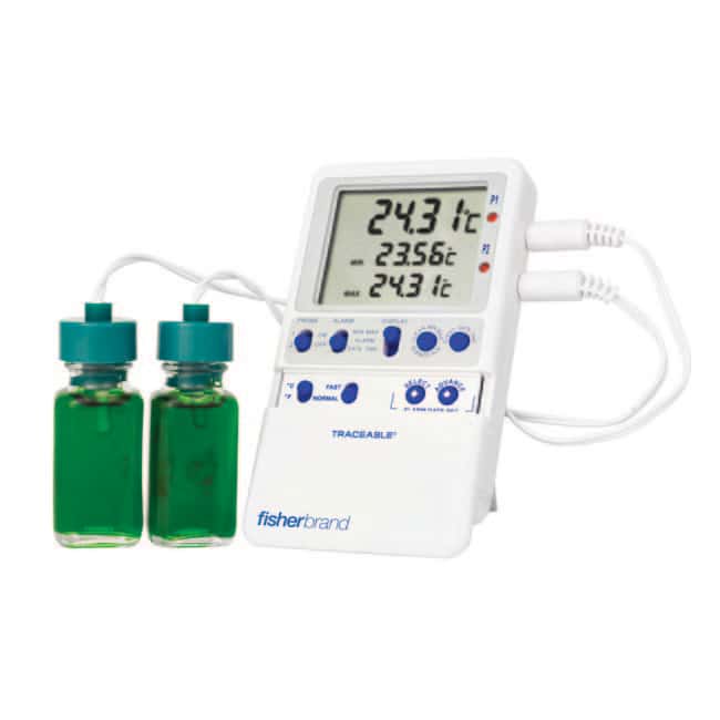 Thermometer Digital Refrigerator / Freezer Thermometer with Alarm Fisherbrand™ Traceable® Hi-Accuracy Fahrenheit / Celsius -58° to +158°F (-50° to +70°C) 2 Bottle Probes Desk / Wall / Door Mount Battery Operated by Fisher Scientific Co.  ID 15-078-176